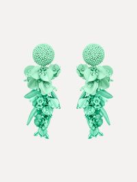 Aqua Cascading Petal Drop Clip-On Earrings featuring a textured domed stud and cascading floral clusters made from layered beads and petals. Front View.