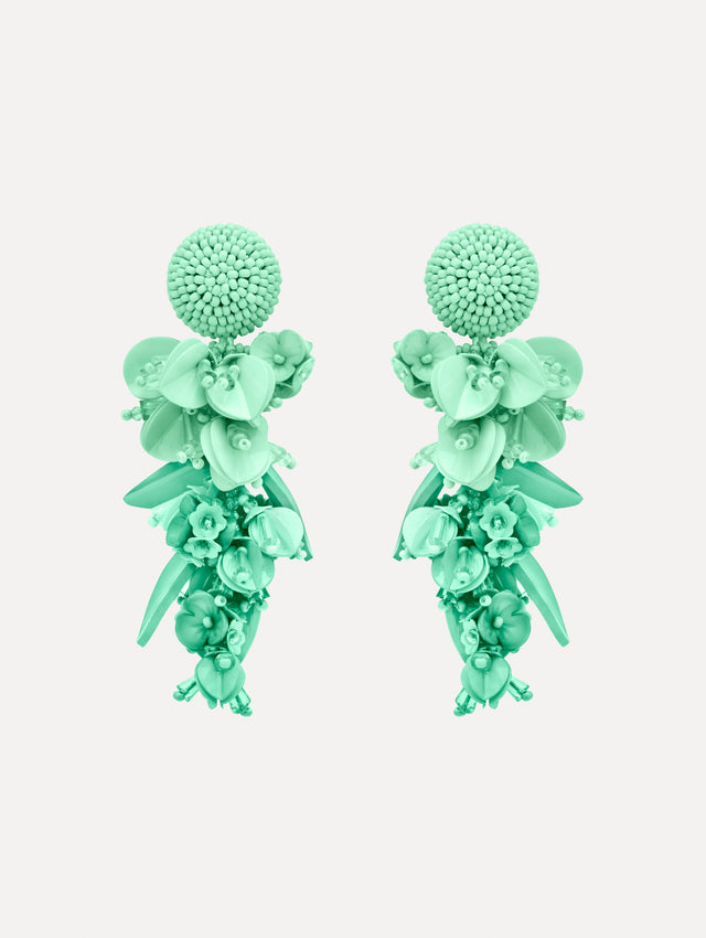Aqua Cascading Petal Drop Clip-On Earrings featuring a textured domed stud and cascading floral clusters made from layered beads and petals. Front View.