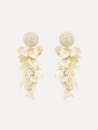 White Cascading Petal Drop Clip-On Earrings featuring a round beaded stud at the lobe with cascading clusters of glossy pink petals, beads, and floral-shaped components. Front View.