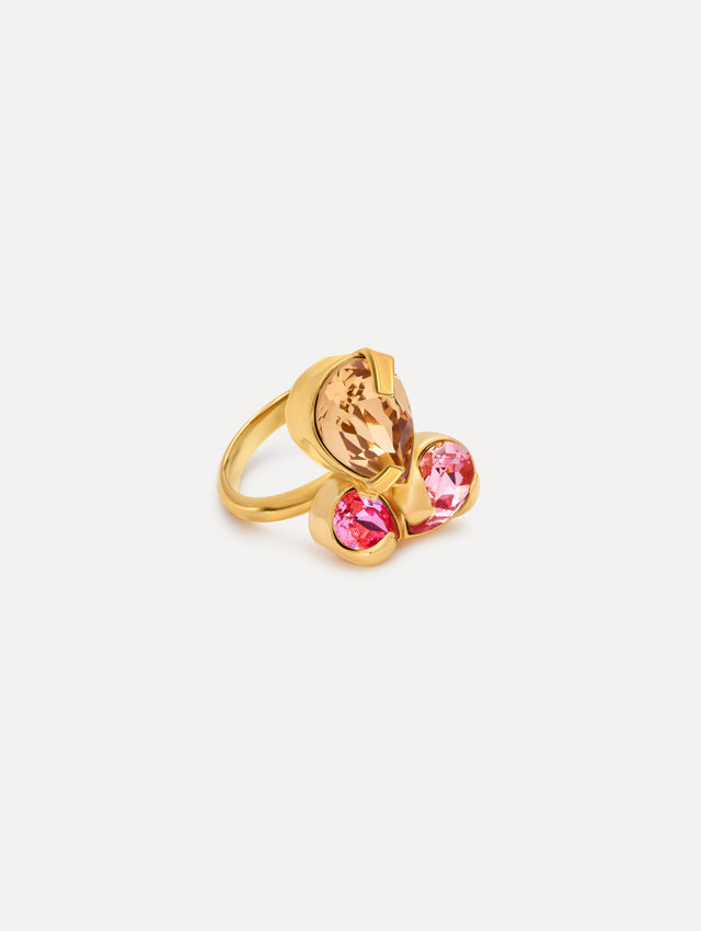 Pink Pear-Cut Cluster Ring featuring three oversized faceted stones in blush and rose-pink tones. Front View.