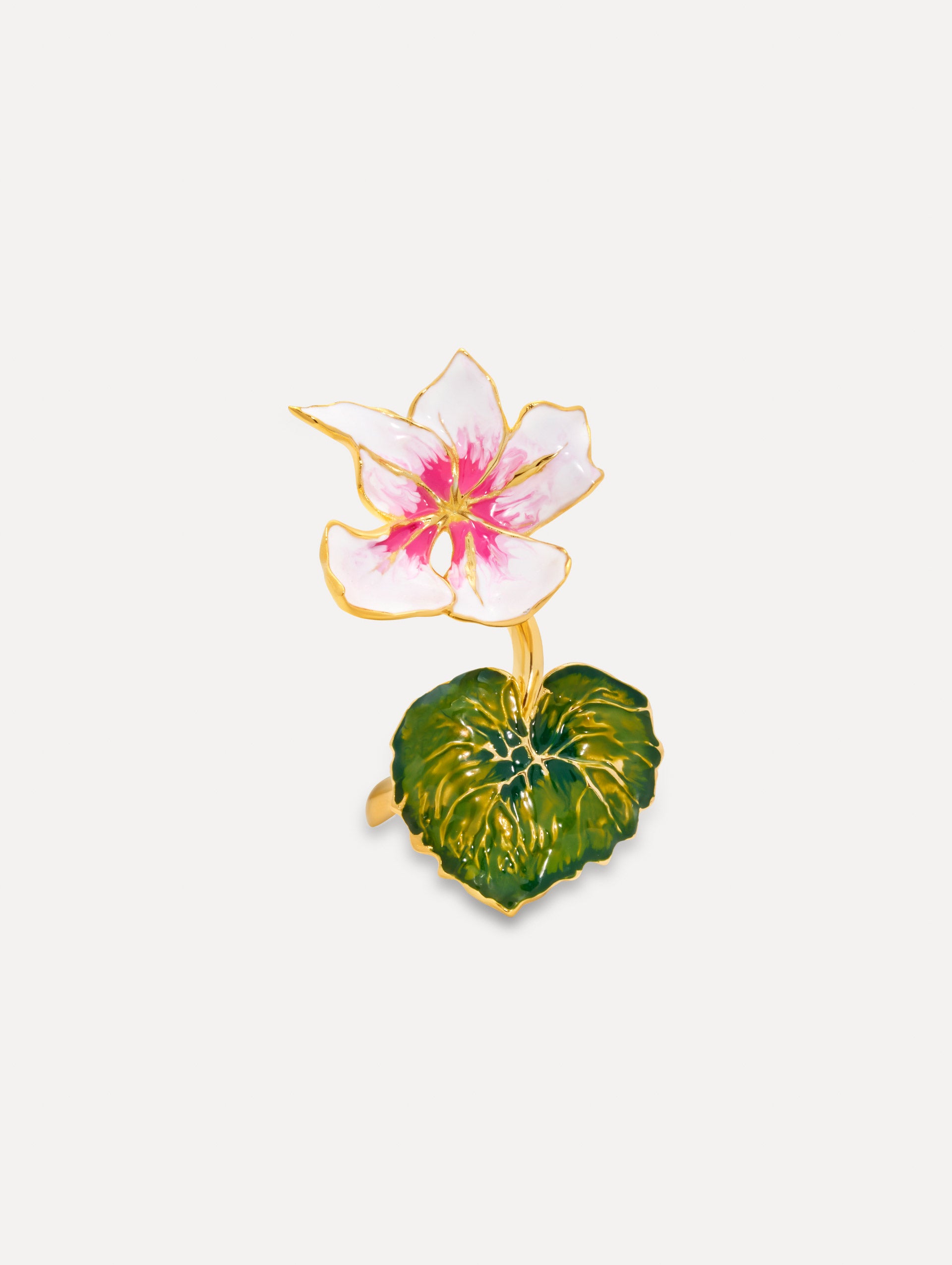 Gold Enamel Cyclamen Ring with a green leaf and a pink and white flower. Front View.