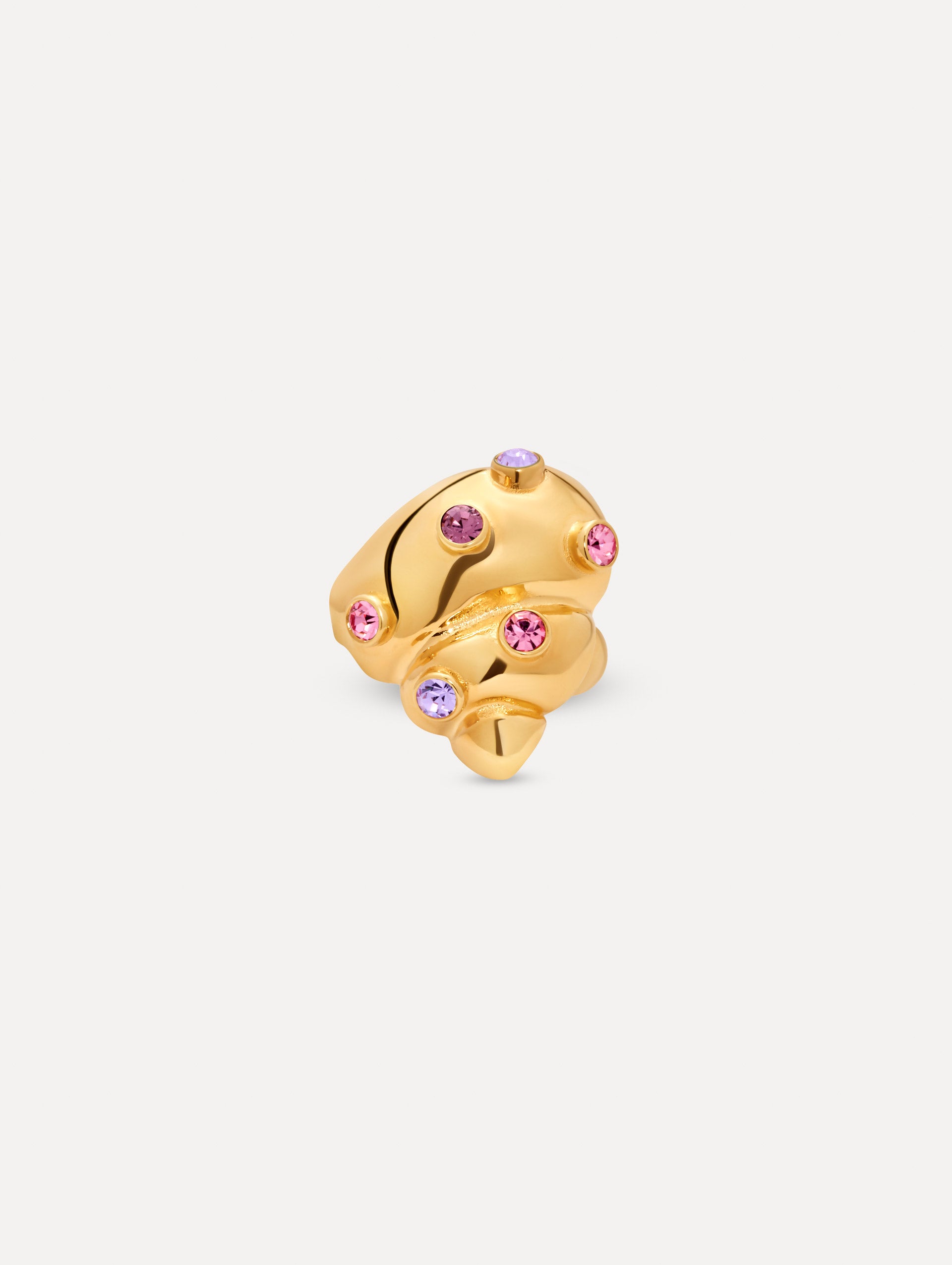 Gold Seashell Ring with circular embedded crystals. Front View.