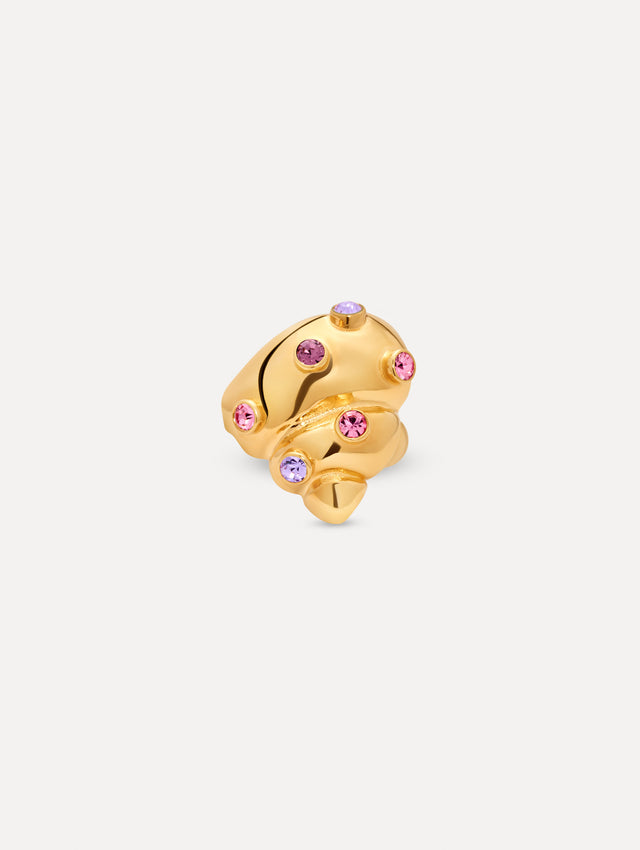 Gold Seashell Ring with circular embedded crystals. Front View.