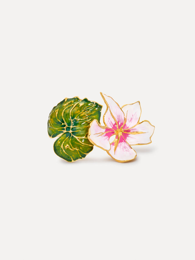 Gold Enamel Cyclamen Cuff Bracelet with green leaf and pink flower. Side View.