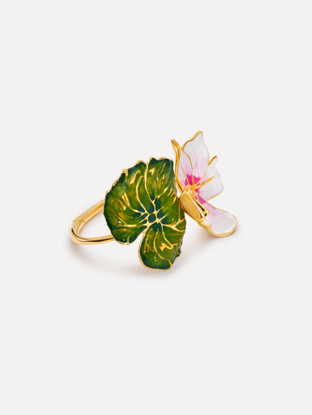 Gold Enamel Cyclamen Cuff Bracelet with green leaf and pink flower. Front View.
