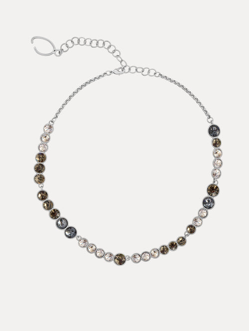 Gold Gradient Rhinestone Strand Necklace featuring a continuous row of round, clear stones in metal settings. Front View.