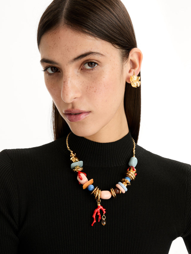 Gold Sea Glass Necklace with multicolor charms and braided chain. Front View. 