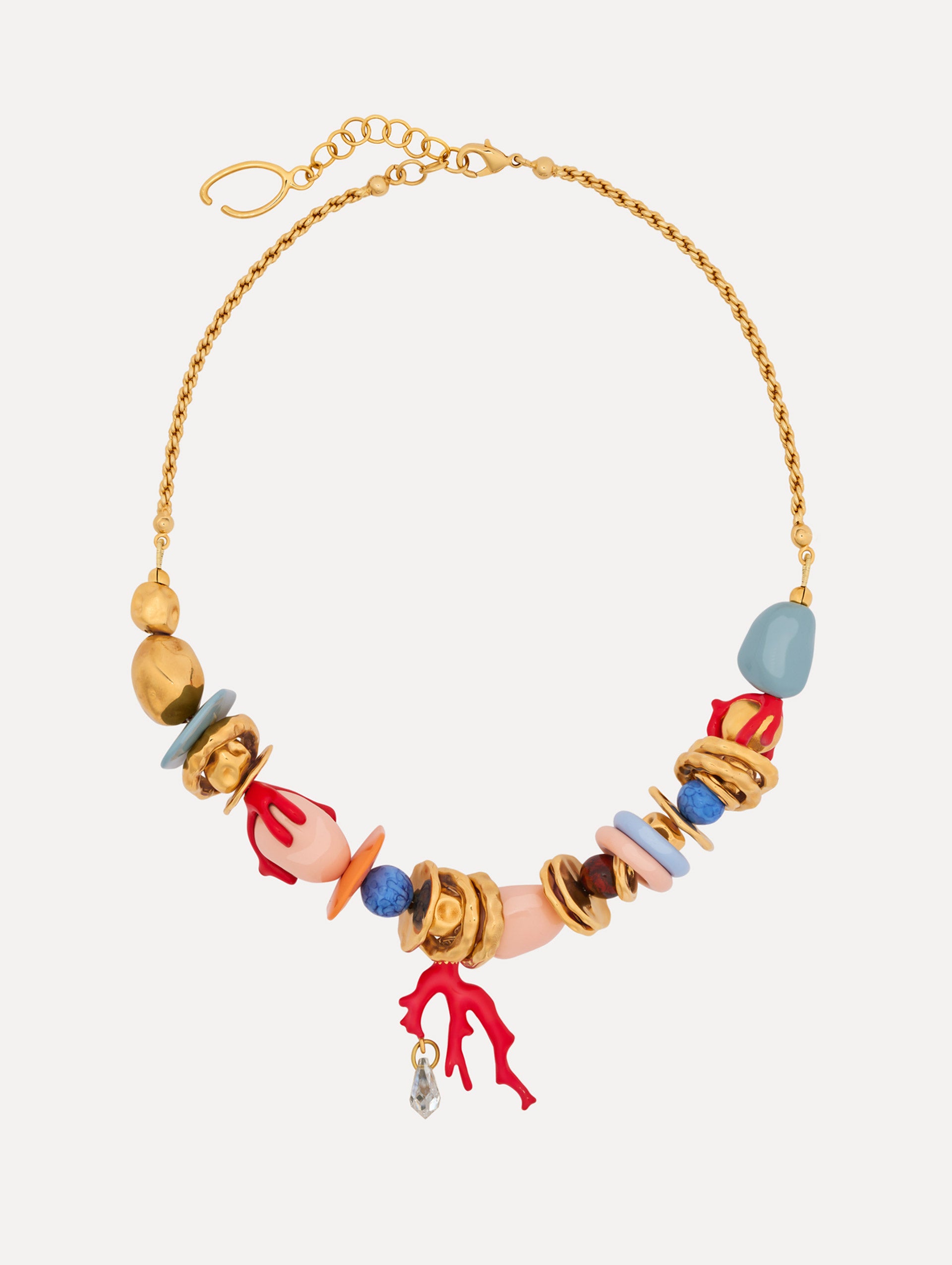 Gold Sea Glass Necklace with multicolor charms and braided chain. Front View. 