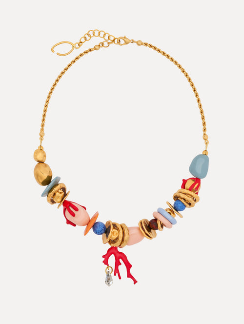 Gold Sea Glass Necklace with multicolor charms and braided chain. Front View. 