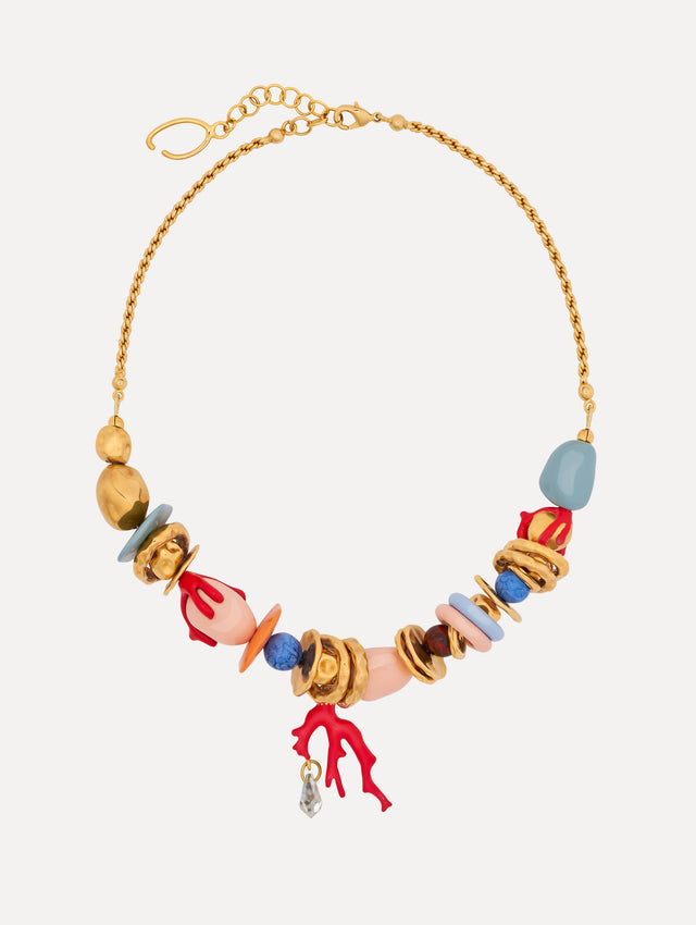 Gold Sea Glass Necklace with multicolor charms and braided chain. Front View. 