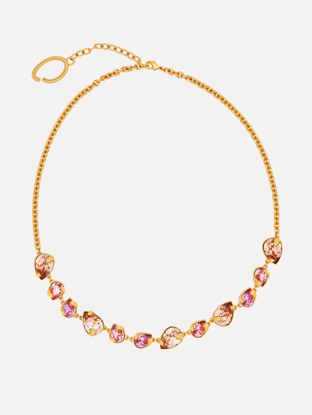 Gold Pear-Cut Cluster Necklace with pink and Lilac crystals. Front View.