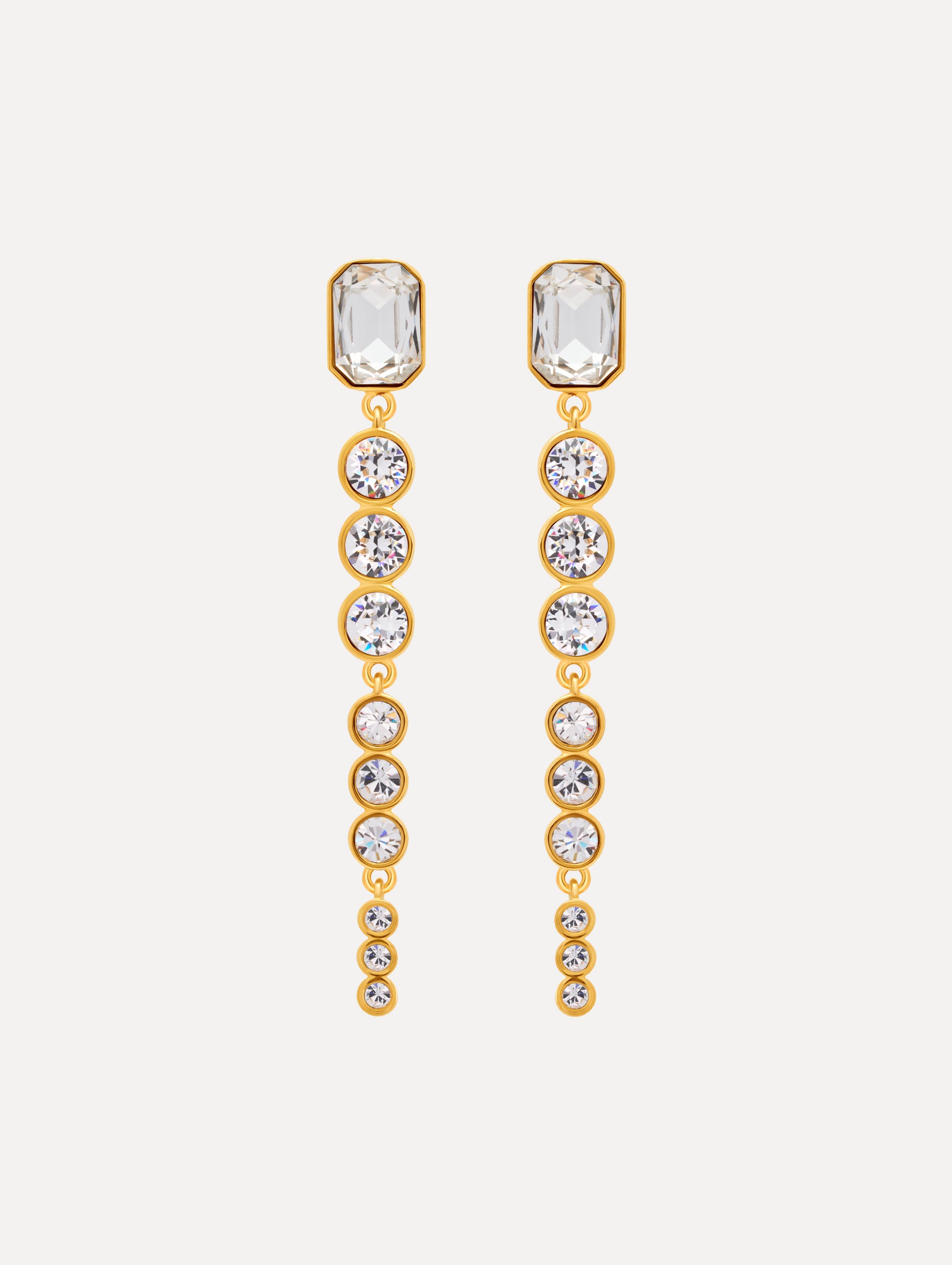 gold Cascading Mixed-Stone Drop Clip-On Earrings with clear circle and square crystals. Front View.