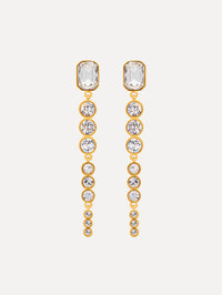 gold Cascading Mixed-Stone Drop Clip-On Earrings with clear circle and square crystals. Front View.