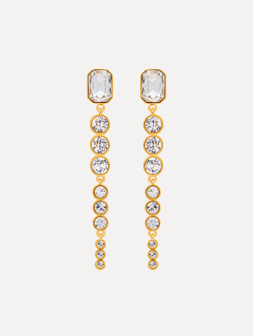gold Cascading Mixed-Stone Drop Clip-On Earrings with clear circle and square crystals. Front View.