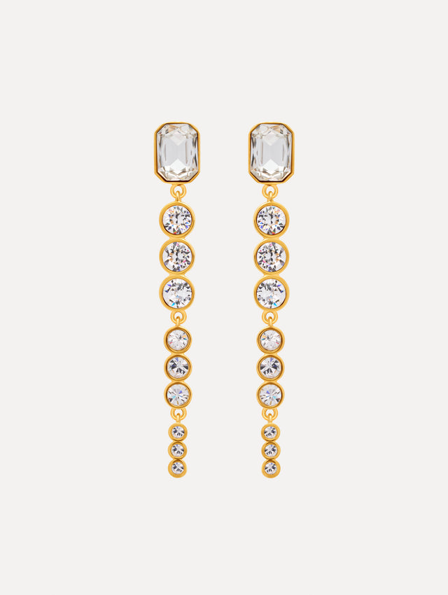 gold Cascading Mixed-Stone Drop Clip-On Earrings with clear circle and square crystals. Front View.