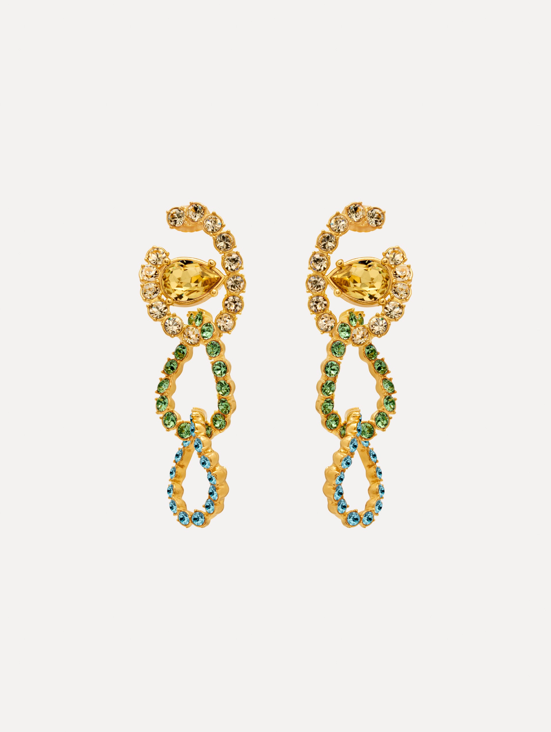 Gold Rhinestone Chain-Link Clip-On Earrings with green and clear crystals. Front View.