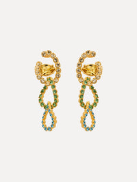 Gold Rhinestone Chain-Link Clip-On Earrings with green and clear crystals. Front View.