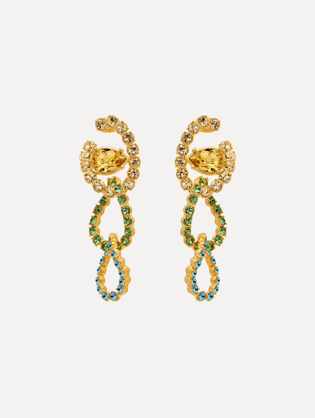 Gold Rhinestone Chain-Link Clip-On Earrings with green and clear crystals. Front View.