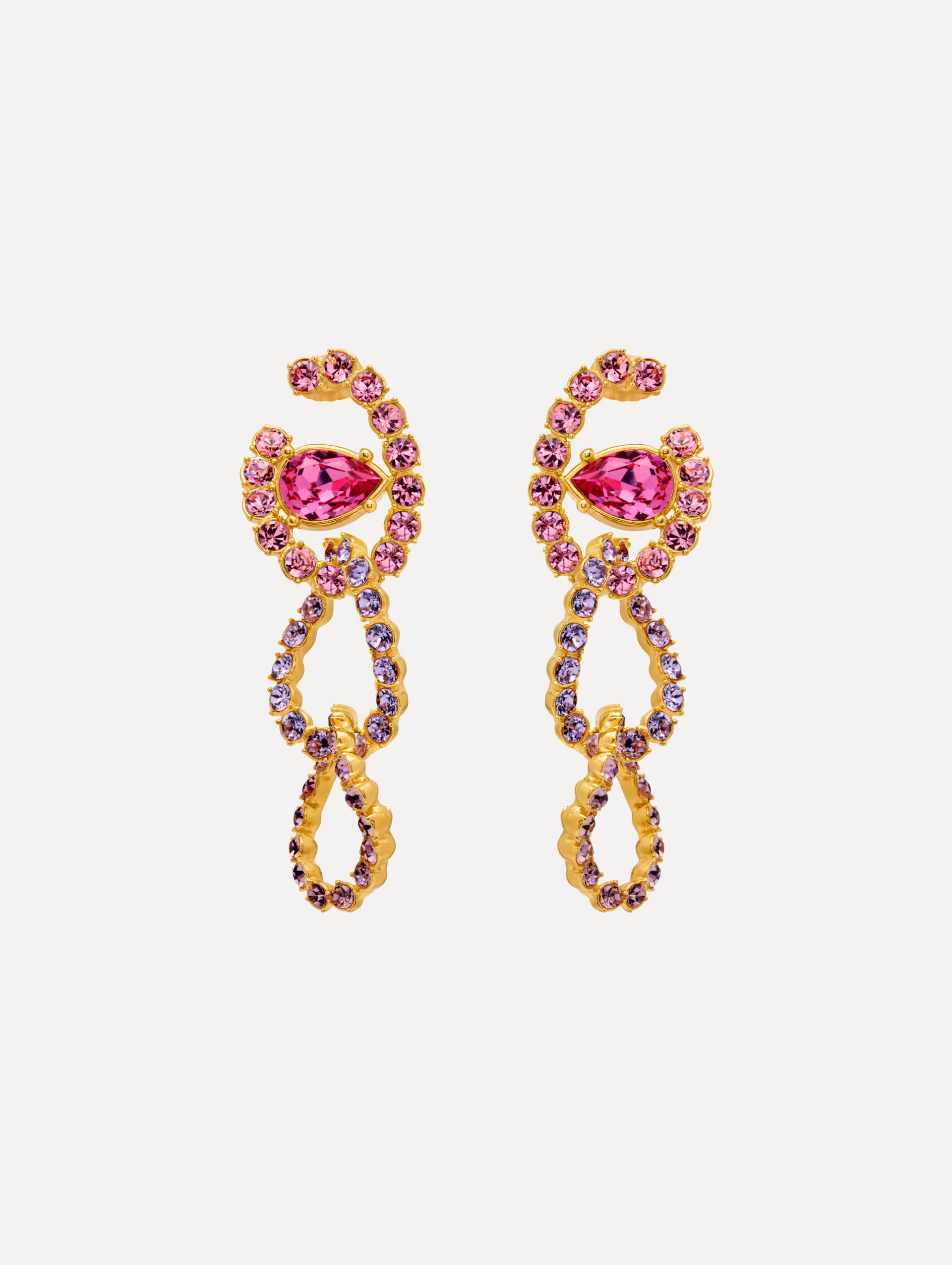 Rhinestone Chain-Link Clip-On Earrings in Violet and Purple combo. Front View.