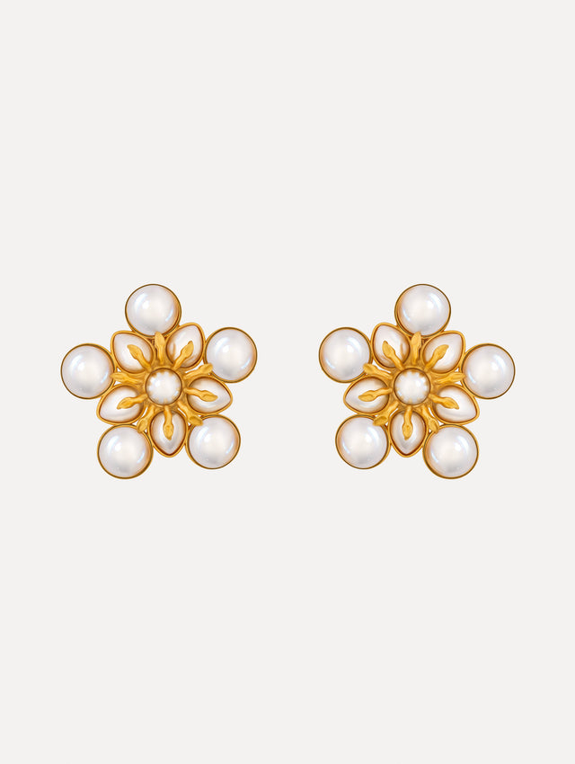 white Small Pearl Flower Clip-On Earrings with pearls in a flower shape with gold setting. Front View.