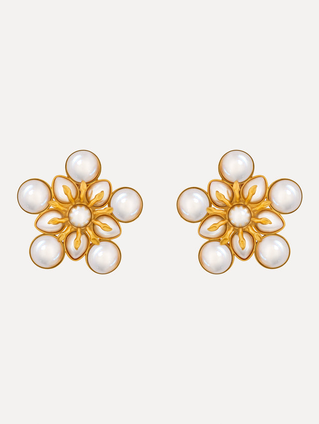white Large Pearl Flower Clip-On Earrings with pearls in a flower shape and a gold setting. Front View.
