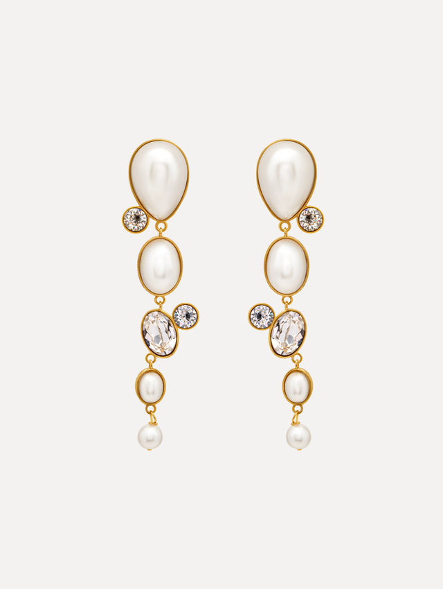 Pearls & Rhinestones Drop Clip-On Earrings with four pearls and three crystals cascading down. Front View.