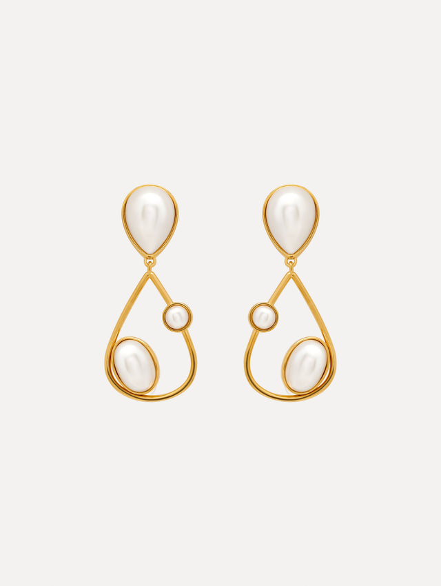Pearl Cabochon Drop Clip-On Earrings with three pearls and a gold pear shaped drop. Front View.