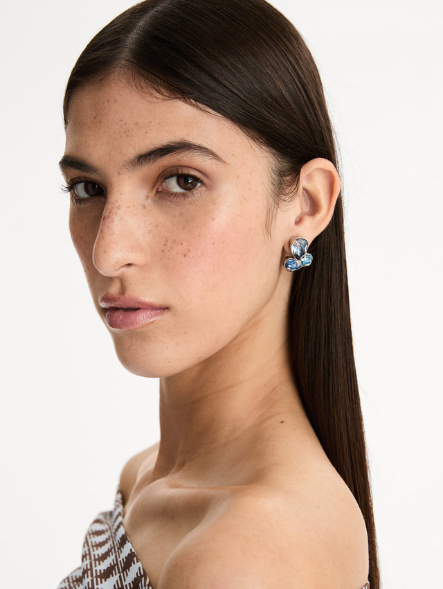 Blue Pear-Cut Cluster Earrings with three tier multicolored blue crystals. Front View.