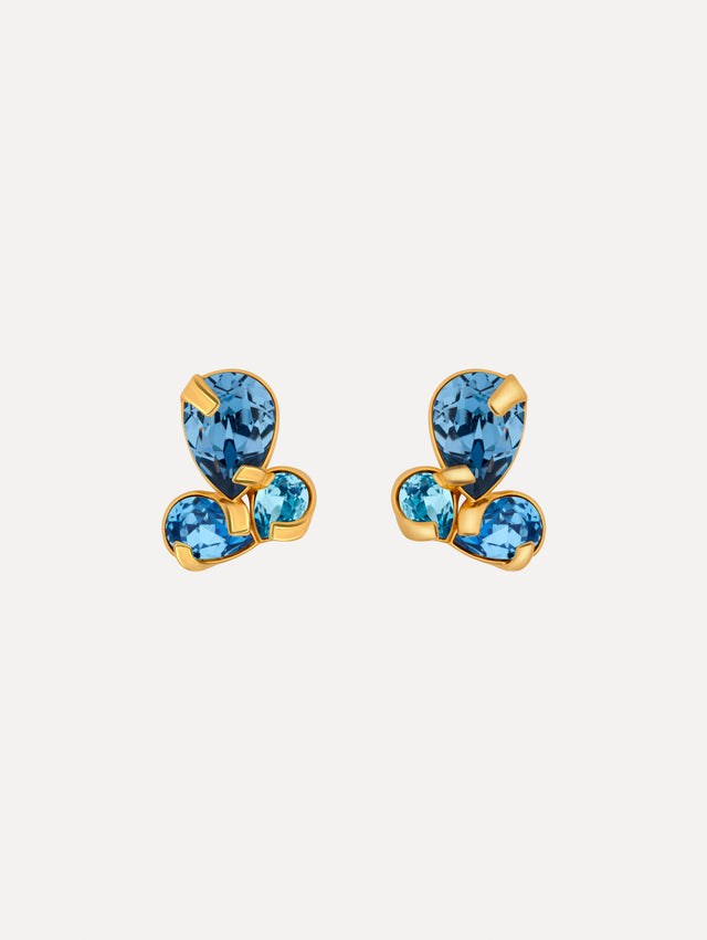 Blue Pear-Cut Cluster Earrings with three tier multicolored blue crystals. Front View.