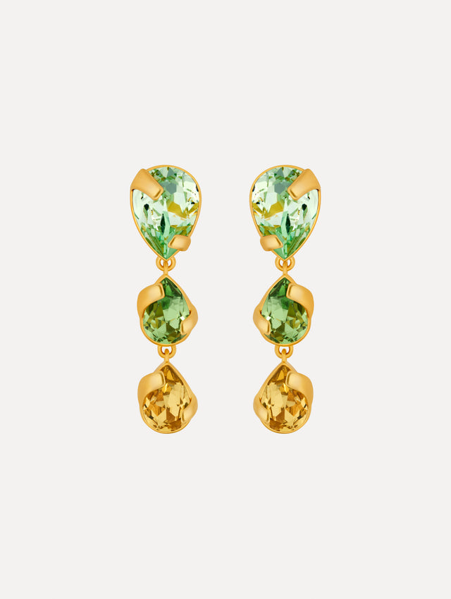 green, yellow, and aqua Pear-Cut Drop Earrings with three crystals. Front View.