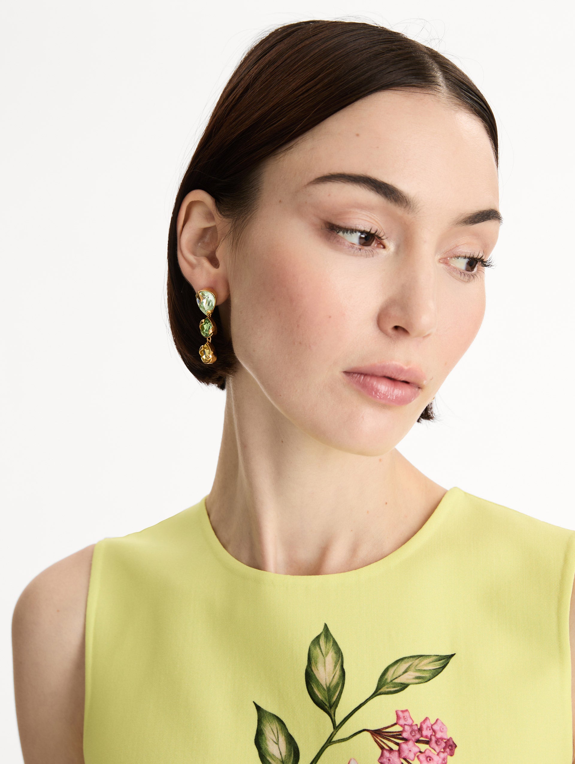 green, yellow, and aqua Pear-Cut Drop Earrings with three crystals. Front View.