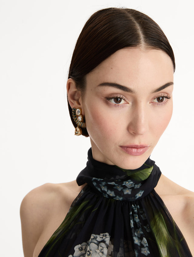 Green and yellow Fan Rhinestone Clip-On Earrings with a cascading teardrop crystal. Front View.