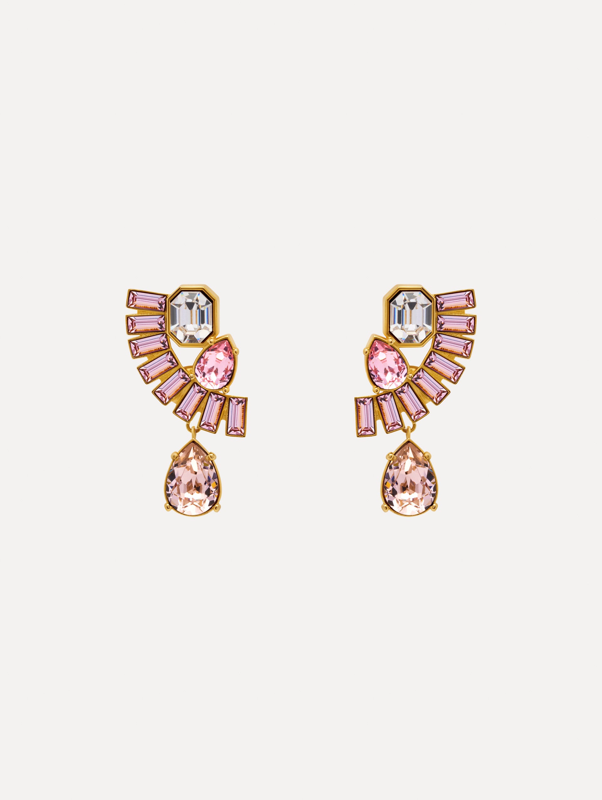 Pink and Clear Fan Rhinestone Clip-On Earrings with gold setting and a cascading teardrop crystal. Front View.