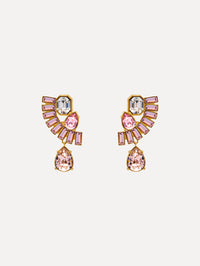 Pink and Clear Fan Rhinestone Clip-On Earrings with gold setting and a cascading teardrop crystal. Front View.