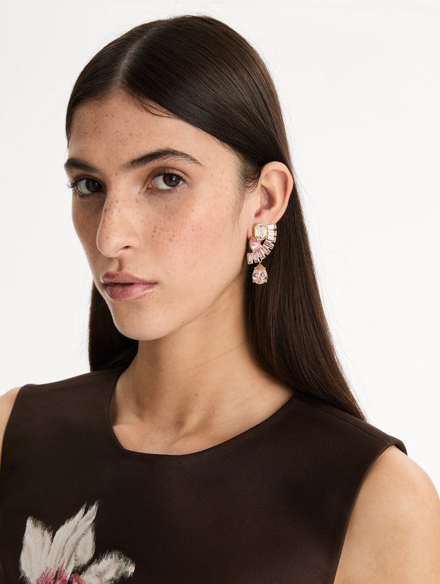 Pink and Clear Fan Rhinestone Clip-On Earrings with gold setting and a cascading teardrop crystal. Front View.