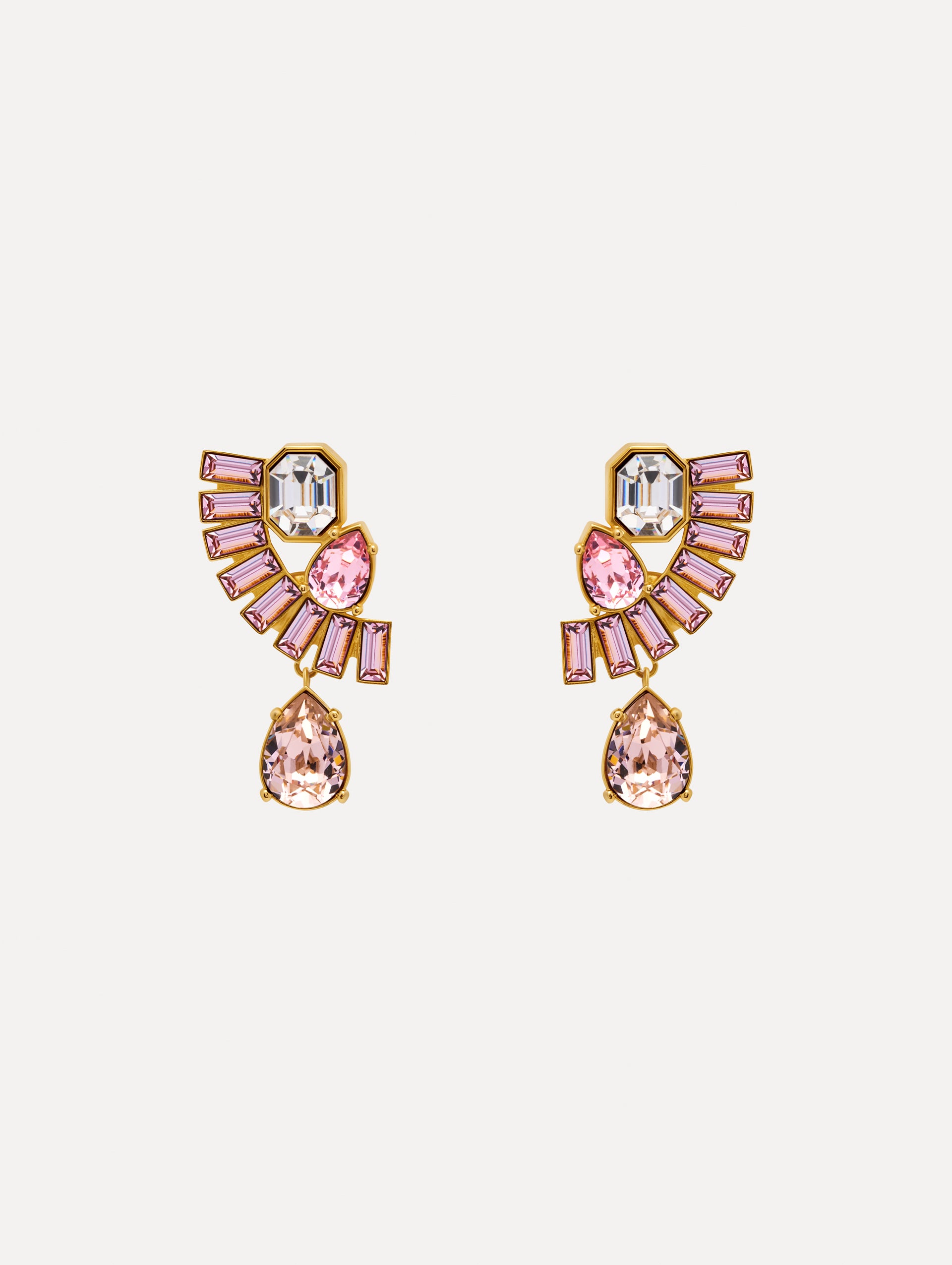 Pink and Clear Fan Rhinestone Clip-On Earrings with gold setting and a cascading teardrop crystal. Front View.