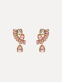 Pink and Clear Fan Rhinestone Clip-On Earrings with gold setting and a cascading teardrop crystal. Front View.