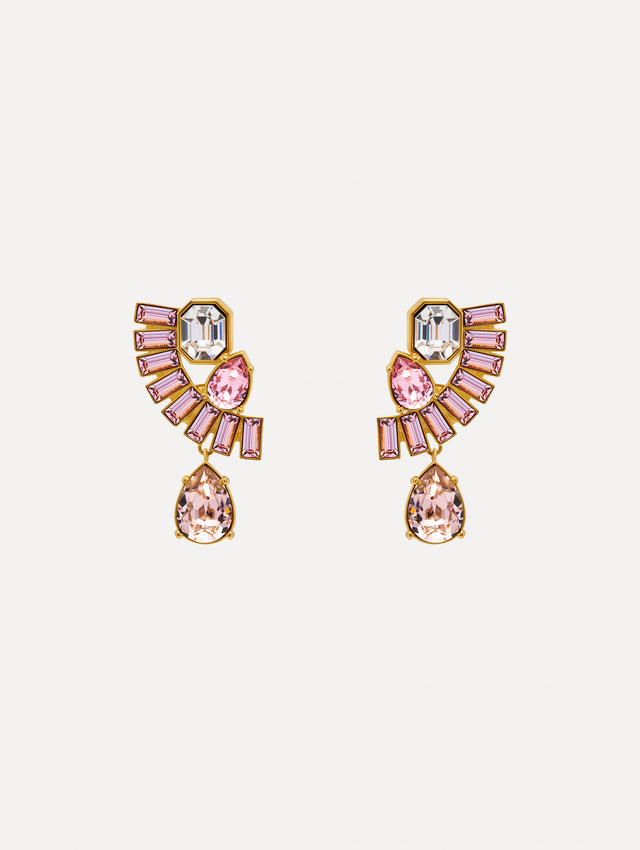 Pink and Clear Fan Rhinestone Clip-On Earrings with gold setting and a cascading teardrop crystal. Front View.