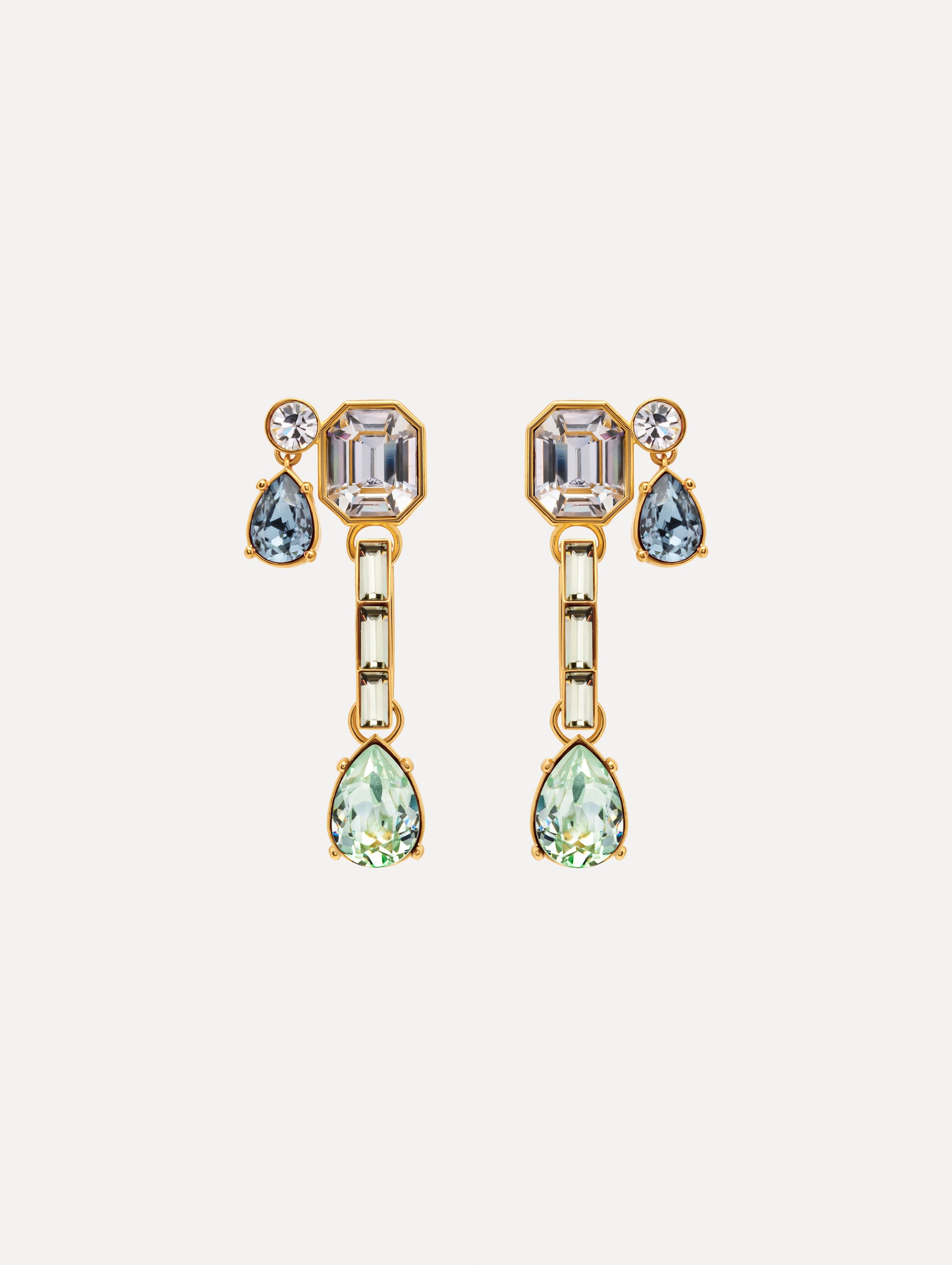 Blue and Green Mixed-Stone Linear Drop Earrings with square clear stone and cascading circular and teardrop stones. Front View.