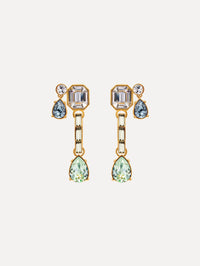 Blue and Green Mixed-Stone Linear Drop Earrings with square clear stone and cascading circular and teardrop stones. Front View.