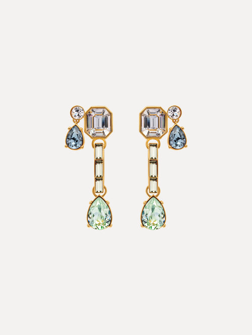 Blue and Green Mixed-Stone Linear Drop Earrings with square clear stone and cascading circular and teardrop stones. Front View.