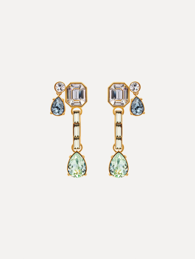 Blue and Green Mixed-Stone Linear Drop Earrings with square clear stone and cascading circular and teardrop stones. Front View.