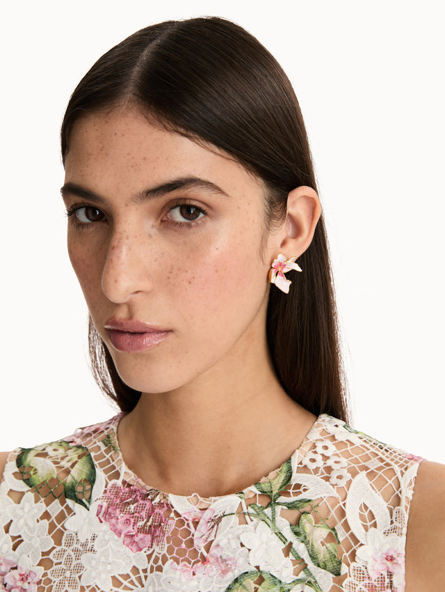 Pink Small Enamel Cyclamen Earrings with gold detailing. Side View.