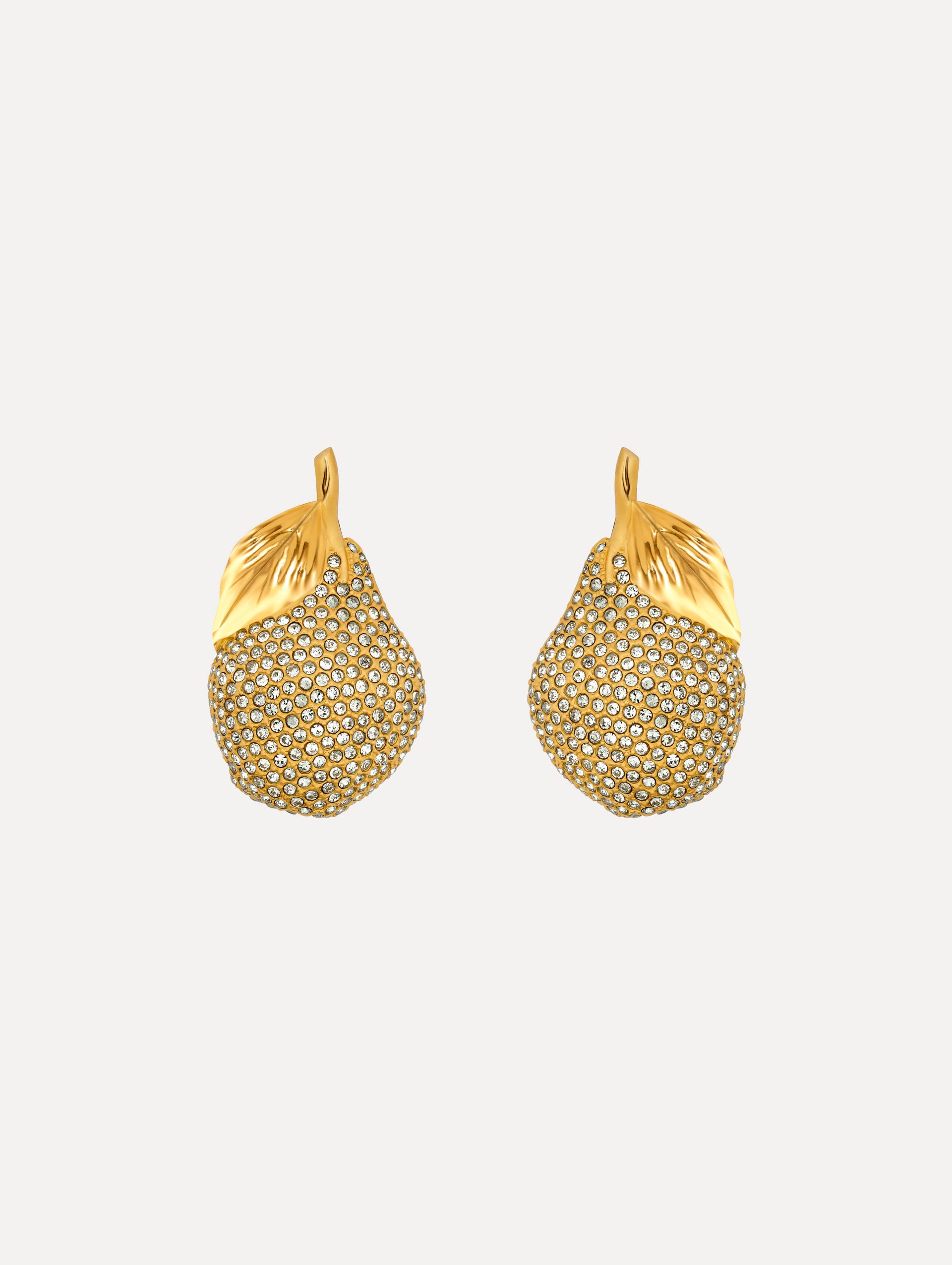 Gold pear-shaped earrings adorned in crystals.