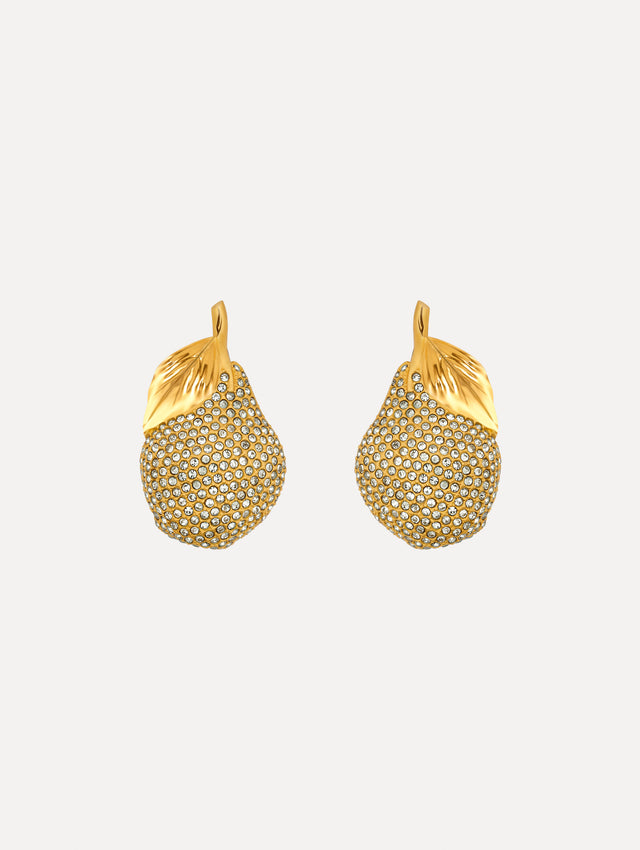Gold pear-shaped earrings adorned in crystals.