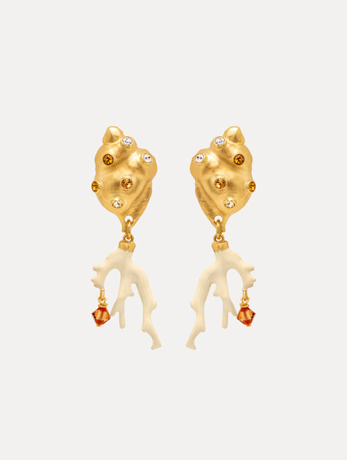 Seashell and Coral Clip-On Earrings with crystal accents and ivory coral-shaped dangles finished with amber crystals. Front View. 