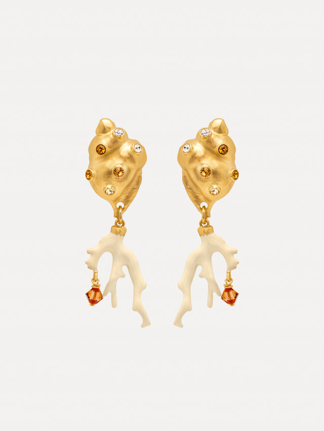Seashell and Coral Clip-On Earrings with crystal accents and ivory coral-shaped dangles finished with amber crystals. Front View. 
