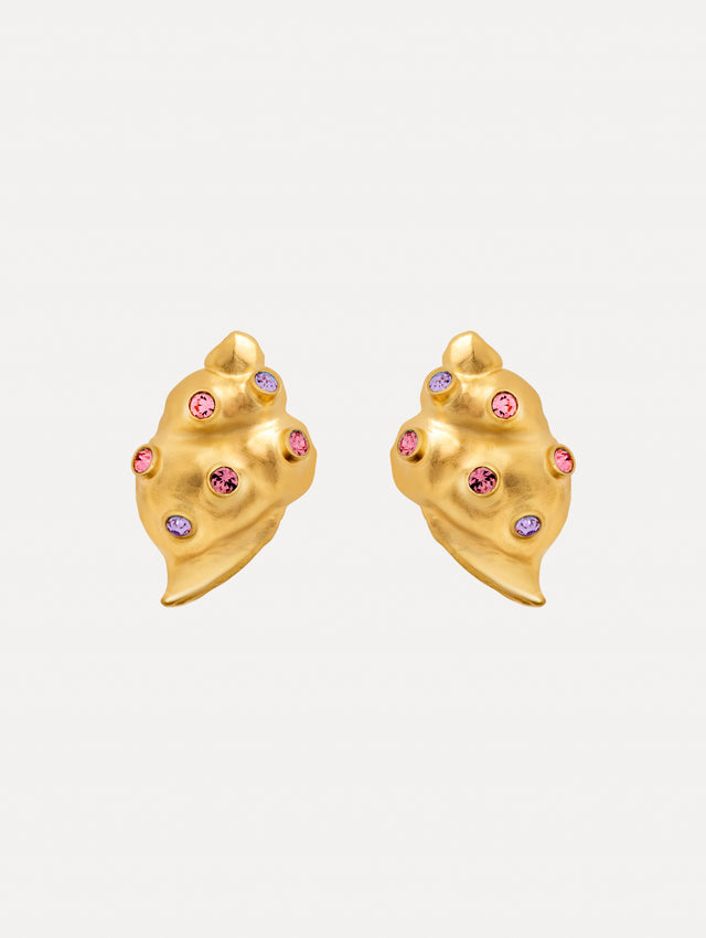 Gold Seashell Earrings with gold and purple gemstones. Side View.