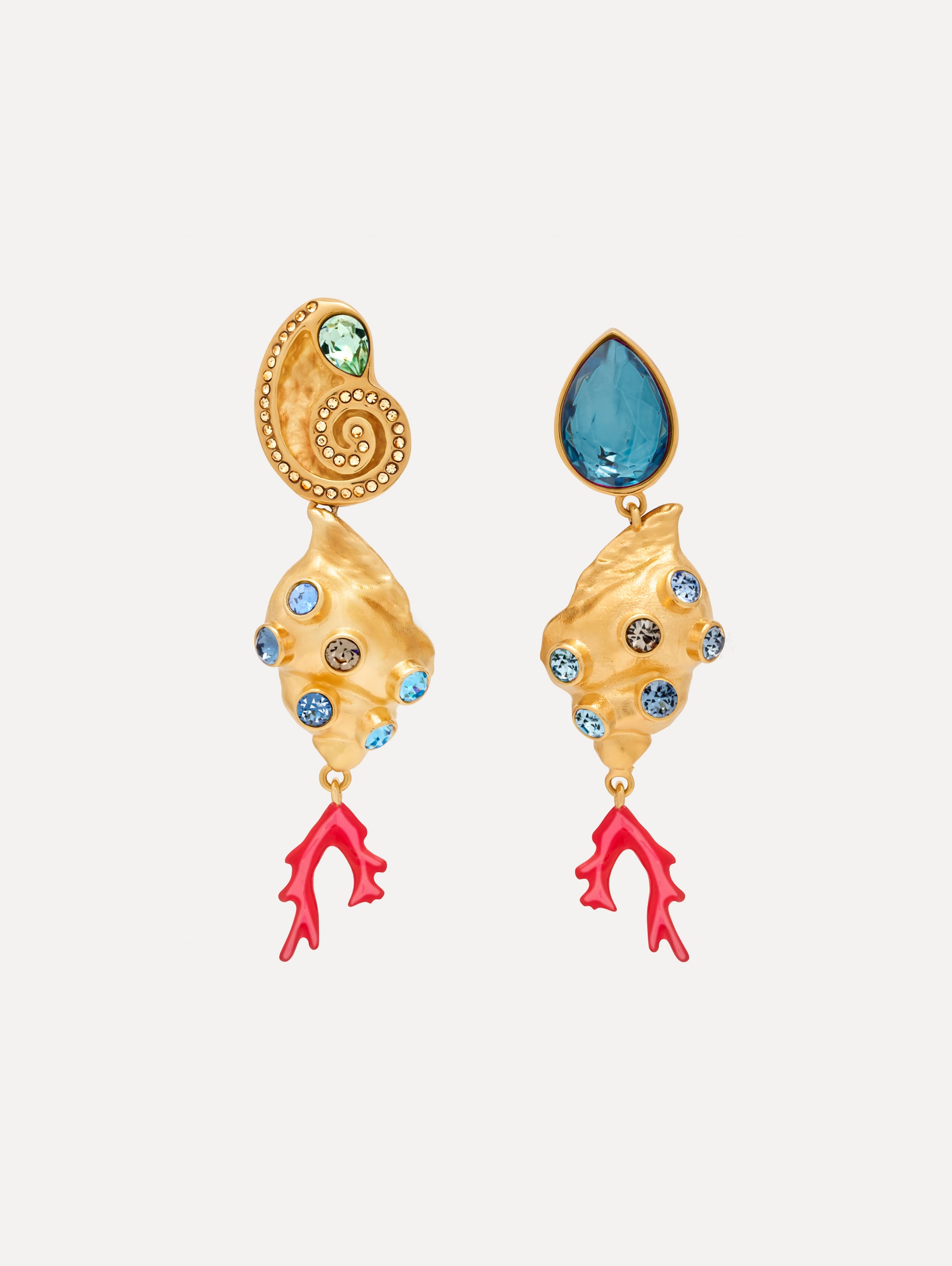 Gold Mixed Seashell Drop Clip-On Earrings with blue crystal accents, asymmetrical gemstone tops, and red coral-inspired dangle details. Front View.