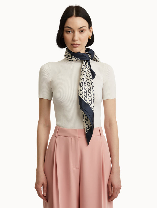 Oscar Chain-Link Silk Scarf in Ivory and Navy Front View
